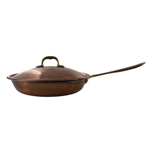 Vintage Copper Frying Pan with Lid Brass Handle Kitchen Cooking 9.5" - Picture 1 of 5